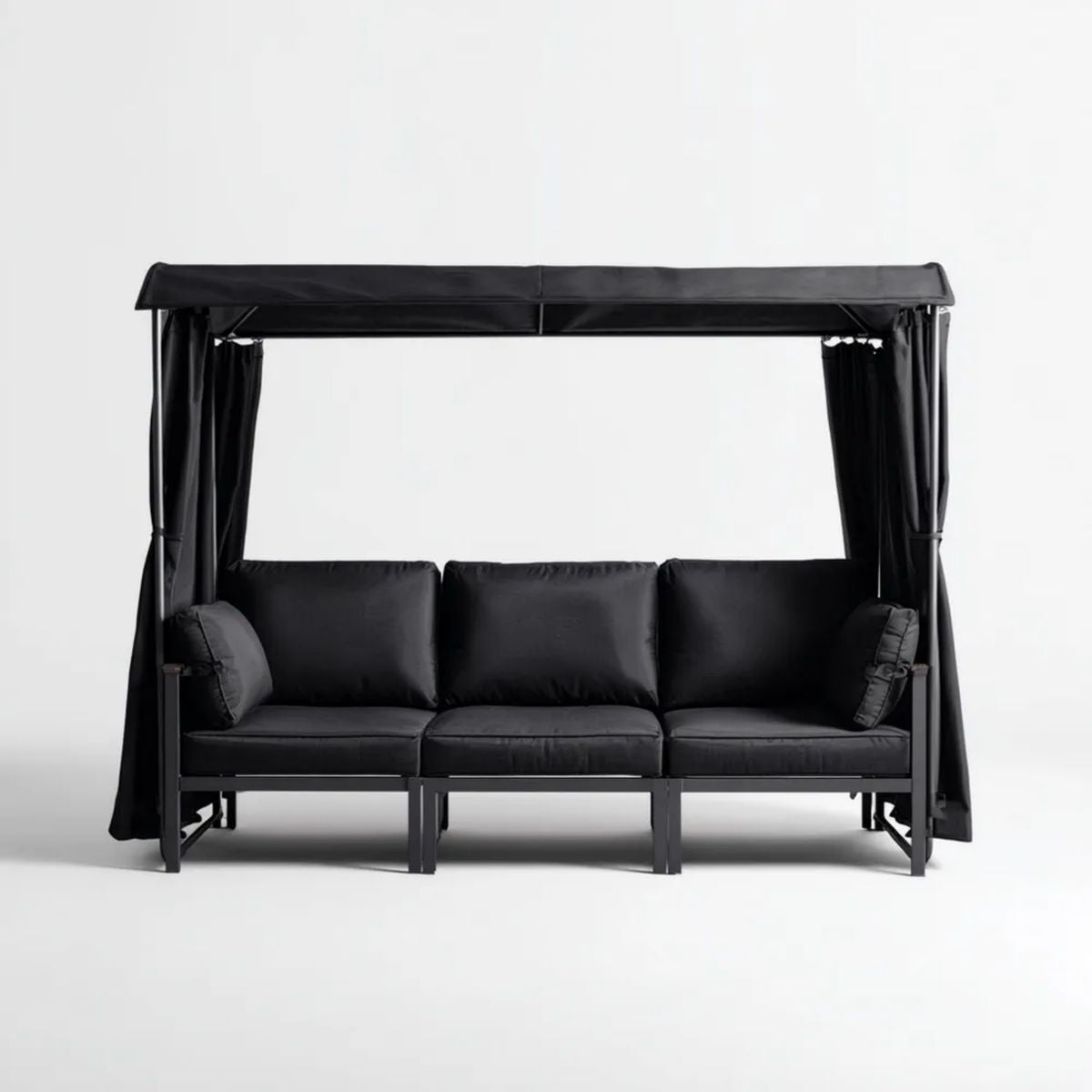 3-osobowa sofa ogrodowa z daszkiem i zasłonami, czarna, stalowa, 220 x 125 x 200 cm