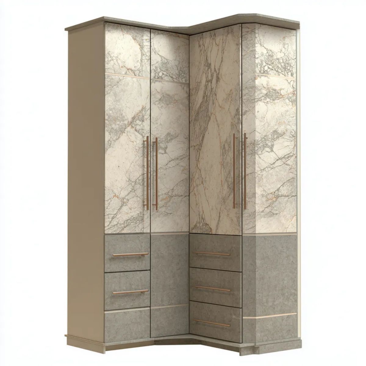 Narożna szafa czterodrzwiowa z 5 szufladami z laminowanej płyty wiórowej, beżowo-szara, 160 × 160 × 220 cm