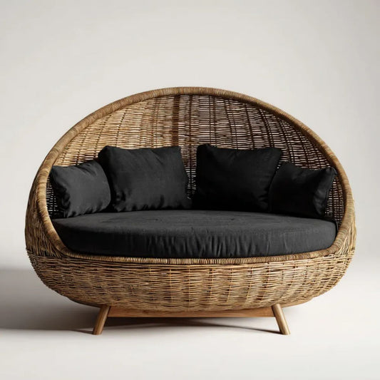 Dwuosobowa sofa ogrodowa z rattanu z czarnymi poduszkami, naturalny brąz, 160 x 85 x 145 cm