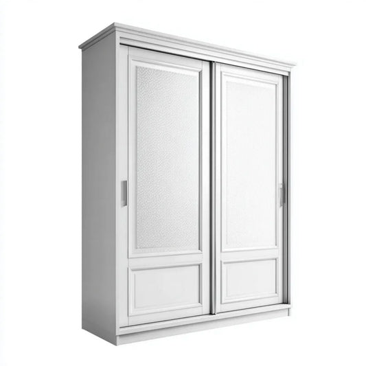 Biała szafa przesuwna z płyty MDF i szkła ornamentowego 180 × 60 × 220 cm