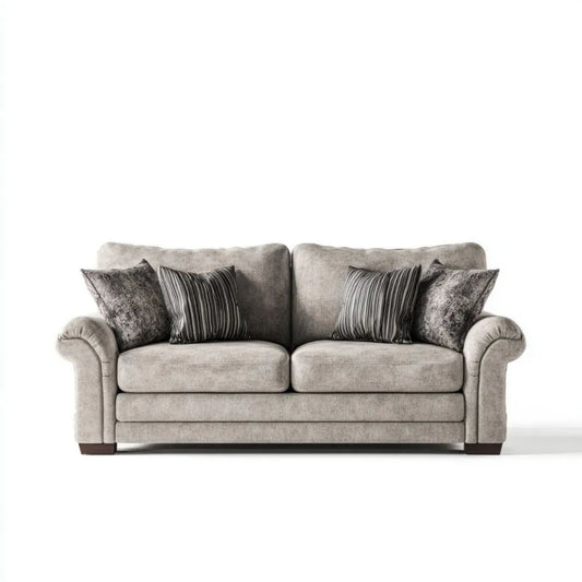 Szara sofa dwuosobowa z poliestru z 4 poduszkami, 180 × 95 × 90 cm