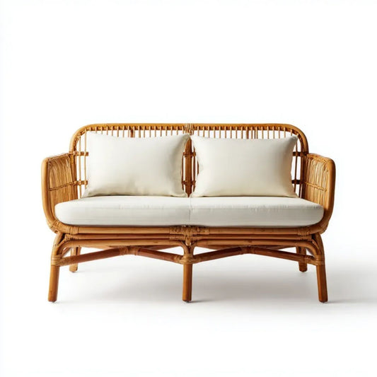 Dwuosobowa sofa ogrodowa rattanowa z beżowymi poduszkami, naturalny brąz, 130 × 75 × 85 cm