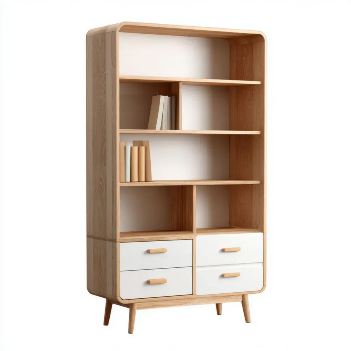 Drewniany regał biblioteczny dębowy z 4 szufladami, biały, 90 x 40 x 180 cm
