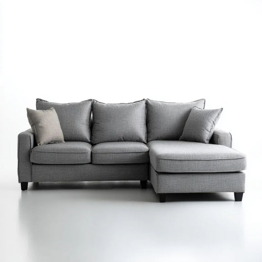 Szara sofa narożna z prawym szezlongiem, tapicerka tkaninowa, 250 × 160 × 85 cm, kształt L