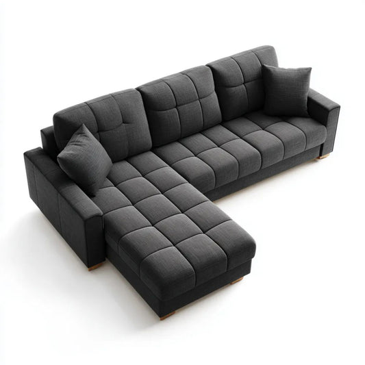 Grafitowa sofa narożna z lewostronnym szezlongiem, poliester, 280 x 170 x 85 cm