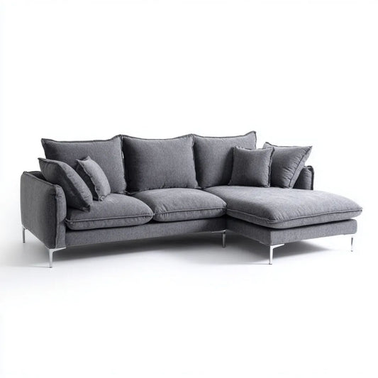 Prawostronna sofa narożna z szezlongiem, szara, tapicerka poliestrowa, 280 × 170 × 85 cm