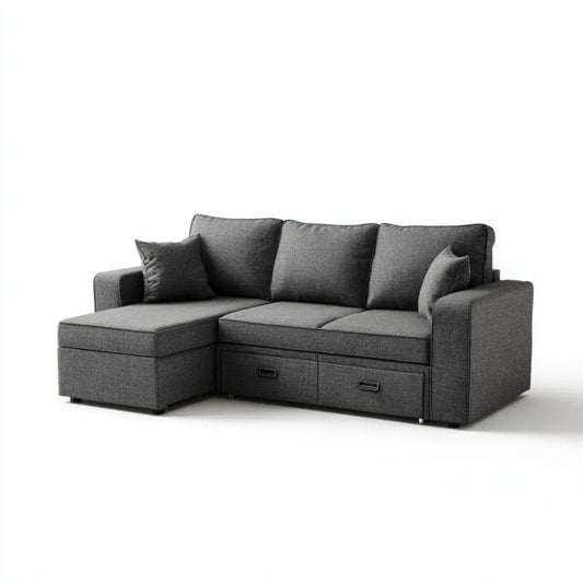 Lewostronna sofa narożna z 2 szufladami, poliestrowa, grafitowo-czarna, 230 × 150 × 85 cm