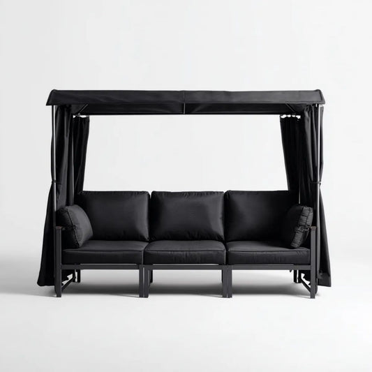 3-osobowa sofa ogrodowa z daszkiem i zasłonami, czarna, stalowa, 220 x 125 x 200 cm