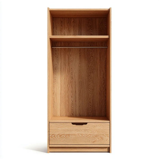 Otwarta szafa garderobiana z drewna dębowego z drążkiem, półką i szufladą, dąb naturalny/brązowy, 80 × 55 × 200 cm