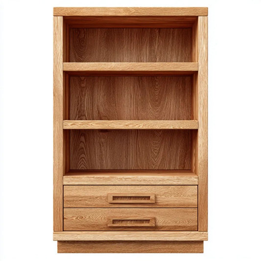 Regał biblioteczny z 2 szufladami z litego drewna dębowego, naturalny dąb, 80 × 40 × 180 cm