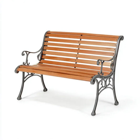 Ławka ogrodowa 2-osobowa brązowo-czarna z drewna i żeliwa, 125 × 59 × 77 cm, z podłokietnikami