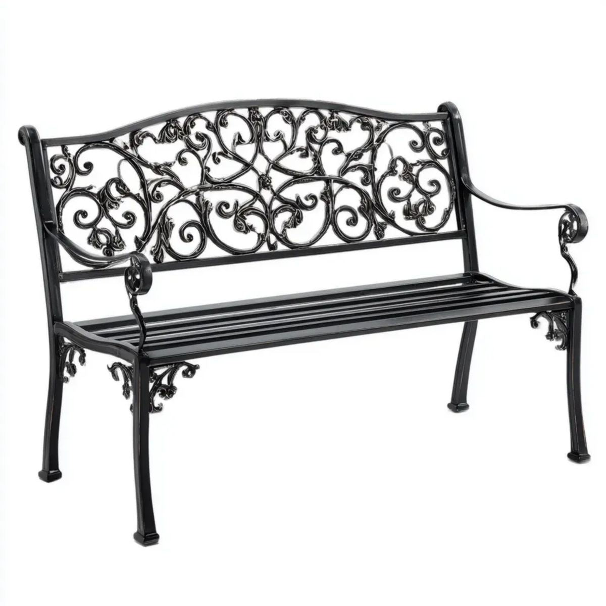 Dwuosobowa ławka ogrodowa z odlewanego aluminium, czarna, 100 x 54 x 80 cm