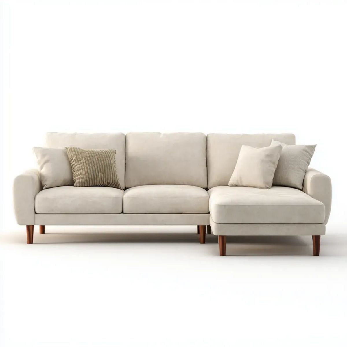 Kremowa sofa narożna w kształcie L z szezlongiem, tapicerowana poliestrem, 270 x 160 x 85 cm