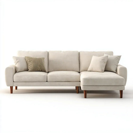 Kremowa sofa narożna w kształcie L z szezlongiem, tapicerowana poliestrem, 270 x 160 x 85 cm