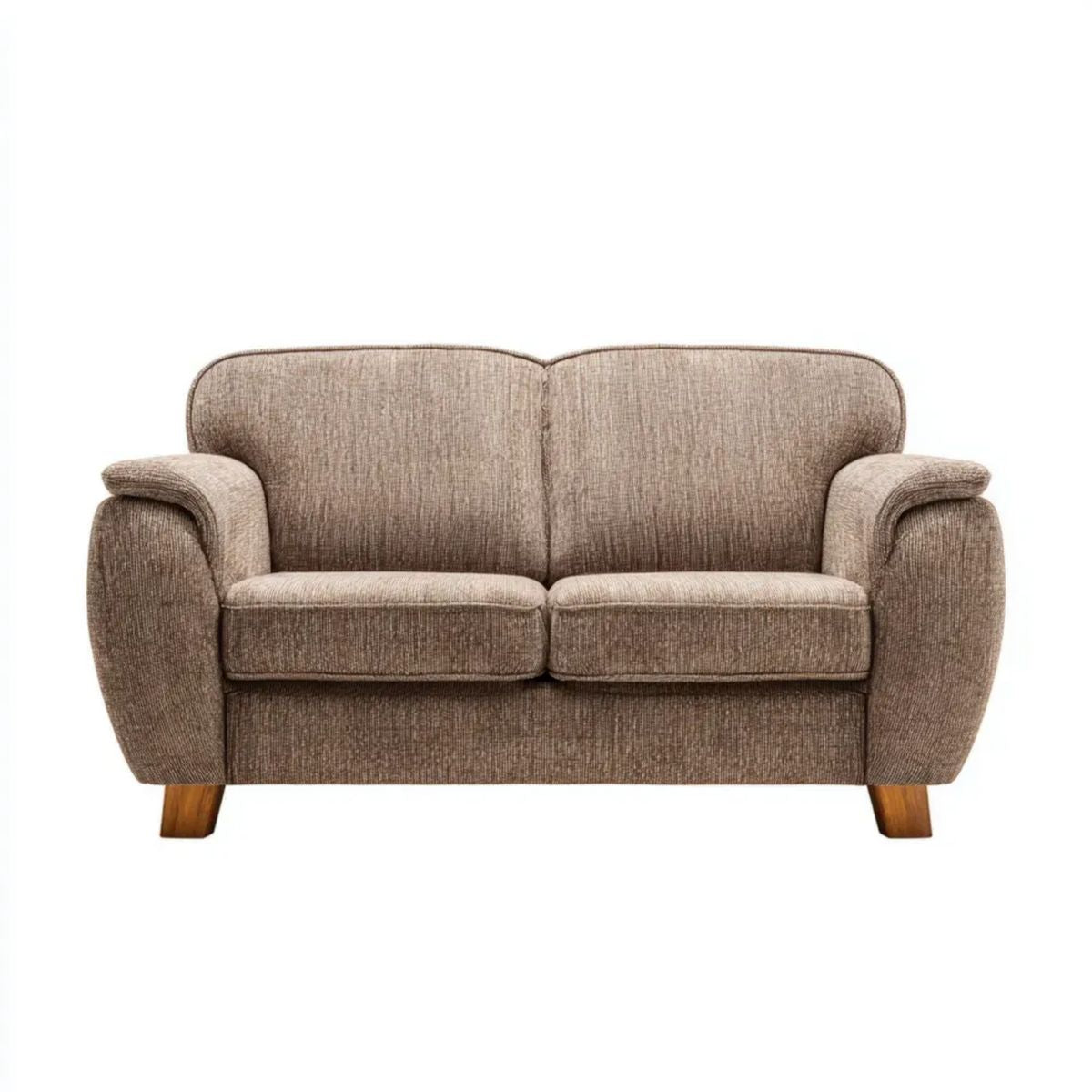 Dwuosobowa sofa tapicerowana taupe z brązowymi drewnianymi nogami, 145 x 85 x 90 cm