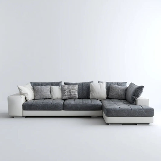 Prawostronna sofa narożna szaro-biała z szezlongiem, tapicerką poliestrową i PU, 300 x 170 x 85 cm