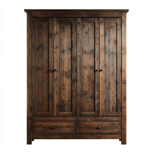 Drewniana szafa rustykalna ciemnobrązowa 120 x 50 x 200 cm, 4 drzwi i 2 szuflady
